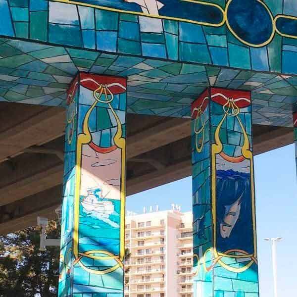 Abstract Stained Glass Painting on Bridge Columns